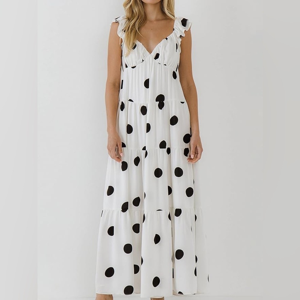 English Factory White and Black Polka Dot Maxi Dress